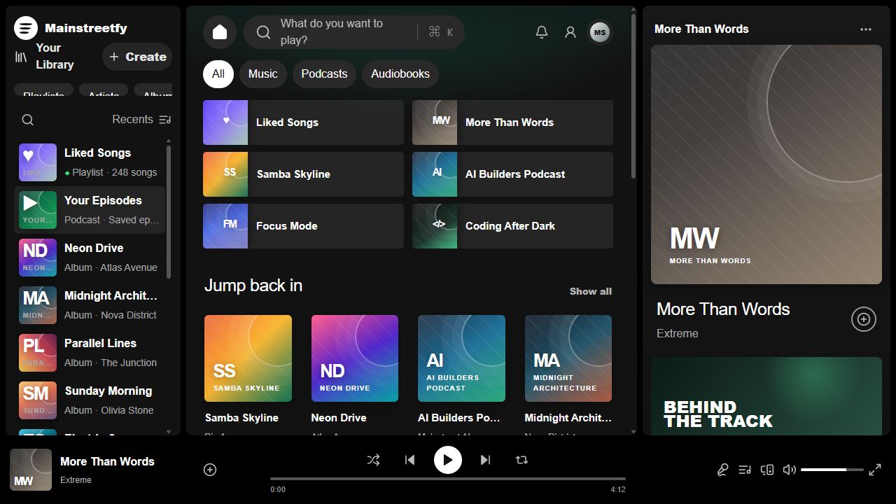Mainstreetfy desktop music app with navigation, recommendations, and a persistent player