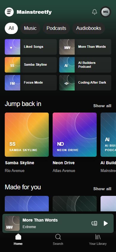 Mainstreetfy mobile home screen with playlists and a mini-player