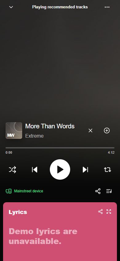 Mainstreetfy full-screen mobile music player